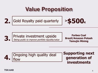 Value Proposition5>$500K 2. Gold Royalty paid quarterlyForbes CoalBrazil/Amazon PotashTemujin MiningPrivate investment upsideTaking public to improve portfolio liquidity/value 3. Supporting next generation of investmentsOngoing high quality deal flow4. 