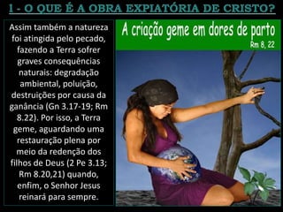 Assim também a natureza
foi atingida pelo pecado,
fazendo a Terra sofrer
graves consequências
naturais: degradação
ambiental, poluição,
destruições por causa da
ganância (Gn 3.17-19; Rm
8.22). Por isso, a Terra
geme, aguardando uma
restauração plena por
meio da redenção dos
filhos de Deus (2 Pe 3.13;
Rm 8.20,21) quando,
enfim, o Senhor Jesus
reinará para sempre.
 