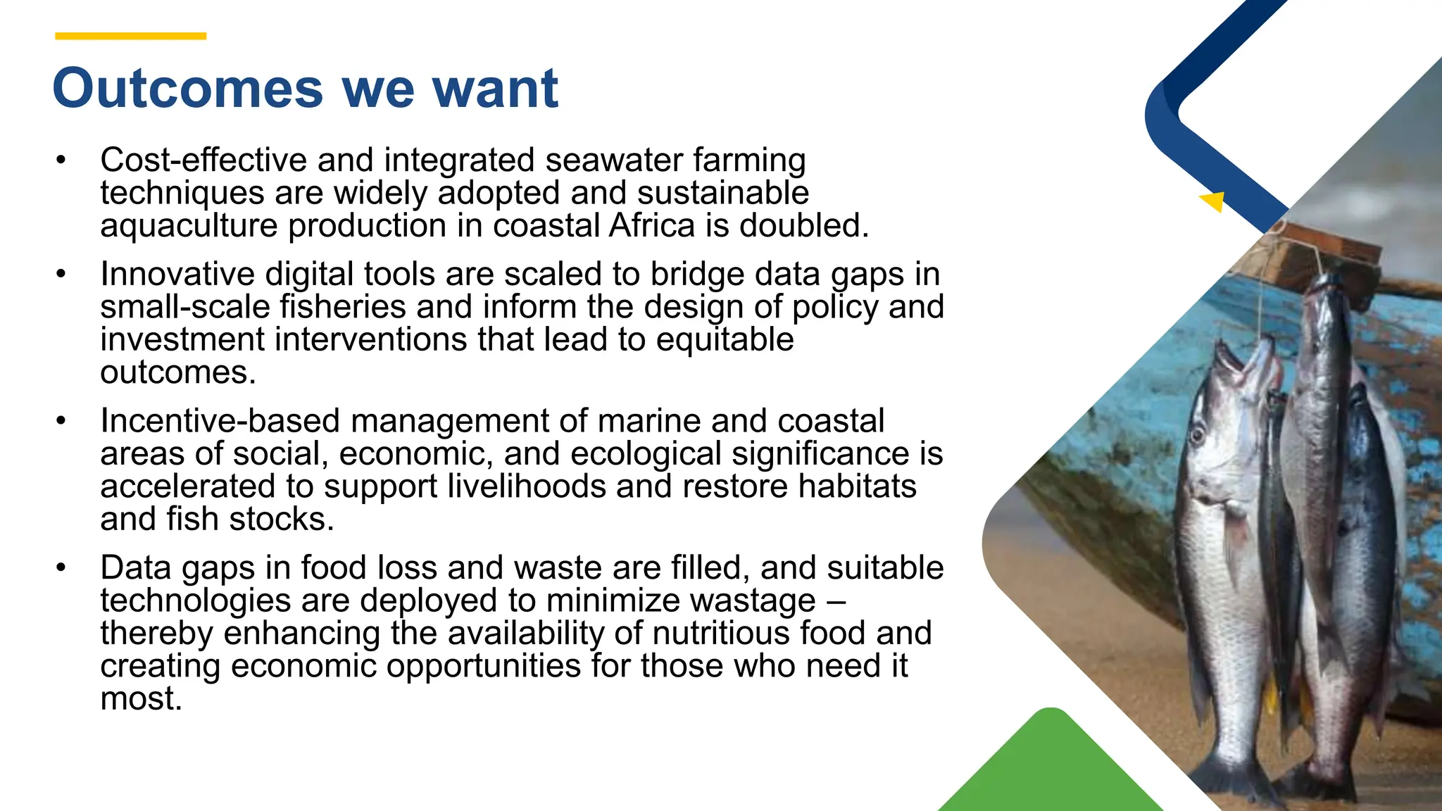 • Cost-effective and integrated seawater farming
techniques are widely adopted and sustainable
aquaculture production in coastal Africa is doubled.
• Innovative digital tools are scaled to bridge data gaps in
small-scale fisheries and inform the design of policy and
investment interventions that lead to equitable
outcomes.
• Incentive-based management of marine and coastal
areas of social, economic, and ecological significance is
accelerated to support livelihoods and restore habitats
and fish stocks.
• Data gaps in food loss and waste are filled, and suitable
technologies are deployed to minimize wastage –
thereby enhancing the availability of nutritious food and
creating economic opportunities for those who need it
most.
Outcomes we want
 