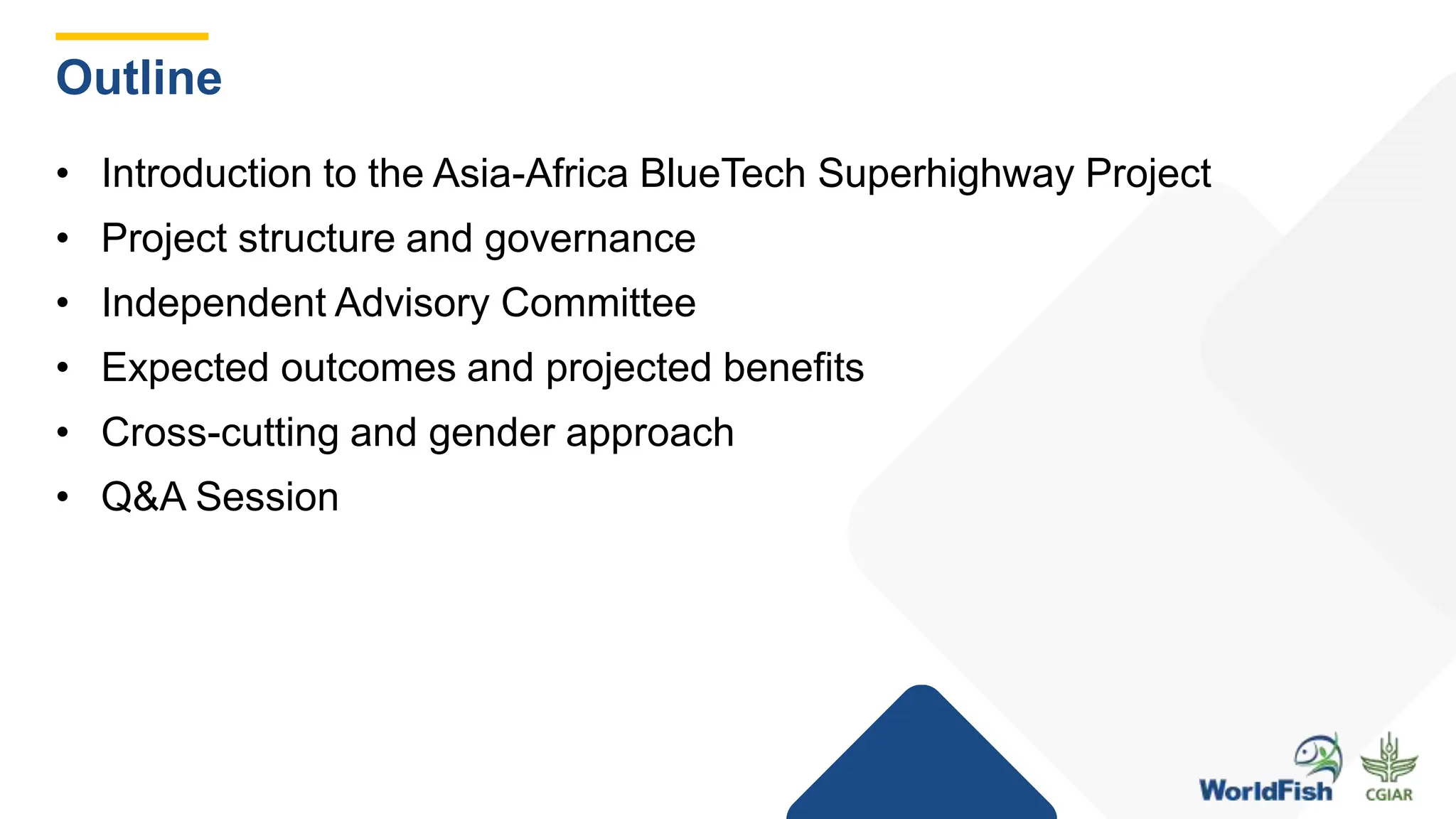 Outline
• Introduction to the Asia-Africa BlueTech Superhighway Project
• Project structure and governance
• Independent Advisory Committee
• Expected outcomes and projected benefits
• Cross-cutting and gender approach
• Q&A Session
 
