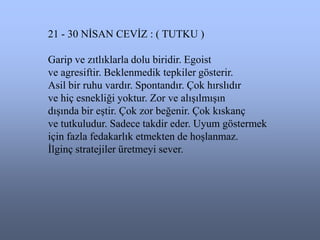 21 - 30 NĠSAN CEVĠZ : ( TUTKU )

Garip ve zıtlıklarla dolu biridir. Egoist
ve agresiftir. Beklenmedik tepkiler gösterir.
Asil bir ruhu vardır. Spontandır. Çok hırslıdır
ve hiç esnekliği yoktur. Zor ve alıĢılmıĢın
dıĢında bir eĢtir. Çok zor beğenir. Çok kıskanç
ve tutkuludur. Sadece takdir eder. Uyum göstermek
için fazla fedakarlık etmekten de hoĢlanmaz.
Ġlginç stratejiler üretmeyi sever.
 