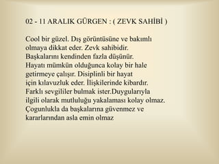 02 - 11 ARALIK GÜRGEN : ( ZEVK SAHĠBĠ )

Cool bir güzel. DıĢ görüntüsüne ve bakımlı
olmaya dikkat eder. Zevk sahibidir.
BaĢkalarını kendinden fazla düĢünür.
Hayatı mümkün olduğunca kolay bir hale
getirmeye çalıĢır. Disiplinli bir hayat
için kılavuzluk eder. ĠliĢkilerinde kibardır.
Farklı sevgililer bulmak ister.Duygularıyla
ilgili olarak mutluluğu yakalaması kolay olmaz.
Çogunlukla da baĢkalarına güvenmez ve
kararlarından asla emin olmaz
 