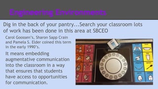 Engineering Environments 
Dig in the back of your pantry...Search your classroom lots 
of work has been done in this area at SBCEO 
Carol Goossen’s, Sharon Sapp Crain 
and Pamela S. Elder coined this term 
in the early 1990’s. 
It means embedding 
augmentative communication 
into the classroom in a way 
that ensures that students 
have access to opportunities 
for communication. 
 