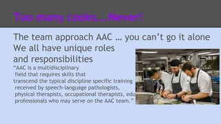 Too many cooks...Never! 
The team approach AAC … you can’t go it alone 
We all have unique roles 
and responsibilities 
“AAC is a multidisciplinary 
field that requires skills that 
transcend the typical discipline specific training 
received by speech-language pathologists, 
physical therapists, occupational therapists, educators, and other 
professionals who may serve on the AAC team.” ASHA, 2002. 
 