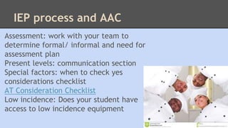IEP process and AAC 
Assessment: work with your team to 
determine formal/ informal and need for 
assessment plan 
Present levels: communication section 
Special factors: when to check yes 
considerations checklist 
AT Consideration Checklist 
Low incidence: Does your student have 
access to low incidence equipment 
 