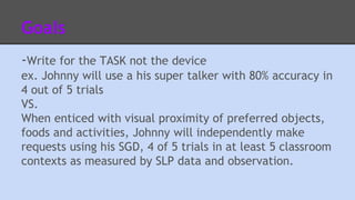 Goals 
-Write for the TASK not the device 
ex. Johnny will use a his super talker with 80% accuracy in 
4 out of 5 trials 
VS. 
When enticed with visual proximity of preferred objects, 
foods and activities, Johnny will independently make 
requests using his SGD, 4 of 5 trials in at least 5 classroom 
contexts as measured by SLP data and observation. 
 