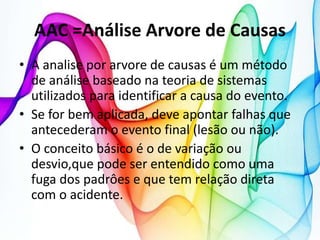 AAC =Análise Arvore de Causas
• A analise por arvore de causas é um método
de análise baseado na teoria de sistemas
utilizados para identificar a causa do evento.
• Se for bem aplicada, deve apontar falhas que
antecederam o evento final (lesão ou não).
• O conceito básico é o de variação ou
desvio,que pode ser entendido como uma
fuga dos padrôes e que tem relação direta
com o acidente.
 