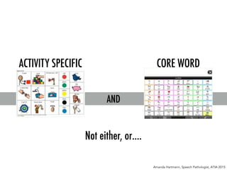AND
ACTIVITY SPECIFIC CORE WORD
Amanda Hartmann, Speech Pathologist, ATIA 2015
Not either, or….
 