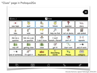 Amanda Hartmann, Speech Pathologist, ATIA 2015
“Clues” page in Proloquo2Go
 