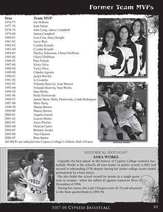 HISTORICAL SPOTLIGHT
SARA WORKS
	 	 Arguably the best player in the history of Cypress College women’s bas-
ketball, Works is the school’s all-time leader in points scored (1,395) and
second in rebounding (578) despite having her junior college career ended
prematurely by a knee injury.
	 	 She also holds the school record for points in a single game -
man or woman - when she tallied 45 against American River in
December of 1994.
	 	 During her career, the Lady Chargers went 45-22 and advanced
to the State quarterfinals in 1993-94.
1996-97 MVPs
Year			 Team MVP
1976-77	 	 Jan Hobson
1977-78	 	 Jean Vetter
1978-79	 	 Julie Long, Janice Campbell
1979-80	 	 Janice Campbell
1980-81	 	 Lisa Cota, Stacy Knight
1981-82	 	 Joyce Rice
1982-83	 	 Cyndee Kouchi
1983-84	 	 Cyndee Kouchi
1984-85	 	 Shelley Nakasone, Cheryl Hoffman
1985-86	 	 Cheryl Hoffman
1986-87	 	 Pam Fritsch
1987-88	 	 Vicky Silva
1988-89	 	 Vicky Silva
1989-90	 	 Claudia Aguirre
1990-91	 	 Jackie Boxley
1991-92	 	 Jo Costello
1992-93	 	 Yolanda Hearvey, Joan Maurer
1993-94	 	 Yolanda Hearvey, Sara Works
1994-95	 	 Sara Works
1995-96	 	 Holly Pawlowski
1996-97	 	 Janine Shaw, Holly Pawlowski, Linda Rodriguez
1997-98	 	 Mary Perry
1998-99	 	 Sharee Brown
1999-00	 	 Sharee Brown
2000-01	 	 Angela Garrett
2001-02	 	 Lauren Shinto
2002-03	 	 Joyce Proctor
2003-04	 	 Octavia Curtis
2004-05	 	 Brittany Imaku
2005-06	 	 Ana Fakatou
2006-07	 	 Brae Butler
All MVPs are inducted into Cypress College’s Athletic Hall of Fame. Brittany Imaku
37
 
