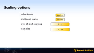 Scaling options
stable teams
end-to-end teams
level of multi-learning
team size
yes / no
1 .. n
3 .. 20
yes / no
 