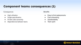 Component teams consequences (1)
Consequences
● High utilization
● Single specialization
● Private code ownership
● Dependencies between teams
Benefits
● Easy to find replacements
● Fast onboarding
● Substitutability
● Team spirit
 