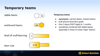 Temporary teams
stable teams
end-to-end teams
level of multi-learning
team size
Temporary teams
● synonyms - ad-hoc teams, mission teams
● built around short-term goals
● from 3 days (FAST Agile) to 1 months
● sometimes combined with stable teams,
especially in times of crises (“tiger” teams)
yes
no
1
3-10
 