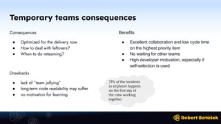 Temporary teams consequences
Consequences
● Optimized for the delivery now
● How to deal with leftovers?
● When to do reteaming?
Drawbacks
● lack of “team jellying”
● long-term code readability may suffer
● no motivation for learning
Benefits
● Excellent collaboration and low cycle time
on the highest priority item
● No waiting for other teams
● High developer motivation, especially if
self-selection is used
73% of the incidents
in airplanes happens
on the ﬁrst day of
the crew working
together
 