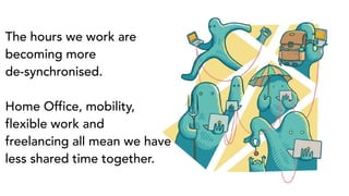 The hours we work are
becoming more
de-synchronised.
Home Office, mobility,
flexible work and
freelancing all mean we have
less shared time together.
 