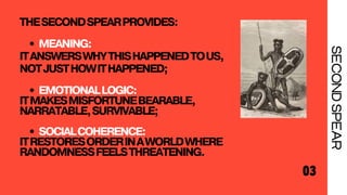 THESECONDSPEARPROVIDES:
MEANING:
ITANSWERSWHYTHISHAPPENEDTOUS,
NOTJUSTHOWITHAPPENED;
EMOTIONALLOGIC:
ITMAKESMISFORTUNEBEARABLE,
NARRATABLE,SURVIVABLE;
SOCIALCOHERENCE:
ITRESTORESORDERINAWORLDWHERE
RANDOMNESSFEELSTHREATENING.
03
SECOND
SPEAR
 