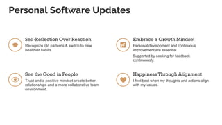 Personal Software Updates
Self-Reflection Over Reaction
Recognize old patterns & switch to new
healthier habits.
See the Good in People
Trust and a positive mindset create better
relationships and a more collaborative team
environment.
Embrace a Growth Mindset
Personal development and continuous
improvement are essential.
Supported by seeking for feedback
continuously.
Happiness Through Alignment
I feel best when my thoughts and actions align
with my values.
 