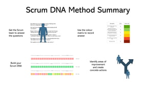 Scrum DNA Method Summary
How skilled are we at writing clear Product Backlog items
that are an independent piece of value ?
How well do we understand howthe Product backlog should
be ordered ?
Regular refining sessions should occur to break down Product
backlog items into smaller pieces. How well do we do this ?
We should be estimating Product backlog items in order to
understand if they can fit into a sprint. What is our skill level in this ?
How adept are we at creating a clear, understandable Sprint Goal
that explains the increment we will produce ?
How capable are we with dealing with retro actions ?
Get the Scrum
team to answer
the questions
Use the colour
matrix to record
answer
Build your
Scrum DNA
Identify areas of
improvement
and create
concrete actions
 