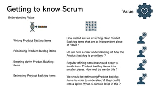 Getting to know Scrum Value
Understanding Value
Writing Product Backlog items
Prioritising Product Backlog items
Breaking down Product Backlog
items
Estimating Product Backlog items
How skilled are we at writing clear Product
Backlog items that are an independent piece
of value ?
Do we have a clear understanding of how the
Product backlog is prioritised ?
Regular refining sessions should occur to
break down Product backlog items into
smaller pieces. How well do we do this ?
We should be estimating Product backlog
items in order to understand if they can fit
into a sprint. What is our skill level in this ?
 
