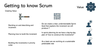Getting to know Scrum Value
Creating Value
Deciding on and describing and
increment
Planning how to build the increment
Building the increments in priority
order
Do we create a clear, understandable Sprint
Goal that explains the increment we will
produce ?
In sprint planning do we have a day-by-day
plan of how to construct the increments?
As a team are we working at a sustainable
predictable rate
 