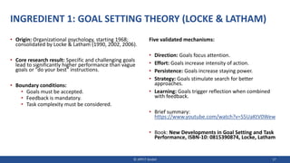 INGREDIENT 1: GOAL SETTING THEORY (LOCKE & LATHAM)
• Origin: Organizational psychology, starting 1968;
consolidated by Locke & Latham (1990, 2002, 2006).
• Core research result: Specific and challenging goals
lead to significantly higher performance than vague
goals or "do your best" instructions.
• Boundary conditions:
• Goals must be accepted.
• Feedback is mandatory.
• Task complexity must be considered.
Five validated mechanisms:
• Direction: Goals focus attention.
• Effort: Goals increase intensity of action.
• Persistence: Goals increase staying power.
• Strategy: Goals stimulate search for better
approaches.
• Learning: Goals trigger reflection when combined
with feedback.
• Brief summary:
https://www.youtube.com/watch?v=S5UaKtV0Wew
• Book: New Developments in Goal Setting and Task
Performance, ISBN-10: 0815390874, Locke, Latham
© JIPP.IT GmbH 17
 