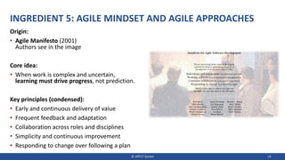 INGREDIENT 5: AGILE MINDSET AND AGILE APPROACHES
Origin:
• Agile Manifesto (2001)
Authors see in the image
Core idea:
• When work is complex and uncertain,
learning must drive progress, not prediction.
Key principles (condensed):
• Early and continuous delivery of value
• Frequent feedback and adaptation
• Collaboration across roles and disciplines
• Simplicity and continuous improvement
• Responding to change over following a plan
© JIPP.IT GmbH 25
 