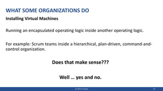 WHAT SOME ORGANIZATIONS DO
Installing Virtual Machines
Running an encapsulated operating logic inside another operating logic.
For example: Scrum teams inside a hierarchical, plan-driven, command-and-
control organization.
Does that make sense???
Well … yes and no.
© JIPP.IT GmbH 33
 