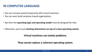 IN COMPUTER LANGUAGE
• You can increase speed temporarily with virtual machines.
• You can even build container-based organizations.
• But then the operating logic and operating model must be designed for that.
• Otherwise, you’re just stacking abstractions on top of a slow operating system.
Virtual machines can isolate problems.
They cannot replace a coherent operating system.
© JIPP.IT GmbH 35
 