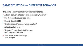 SAME SITUATION — DIFFERENT BEHAVIOR
The same Scrum teams now behave differently
• A team delivers a feature that technically “works”
• But it doesn’t reduce lead time
• Before (implicit L1):
• “It’s in scope, it’s done, we’re on plan.”
• After (explicit L1):
• “It doesn’t contribute to the goal.
Let’s stop and reframe.”
• That is not a Scrum change.
That is Layer 1.
© JIPP.IT GmbH 67
 