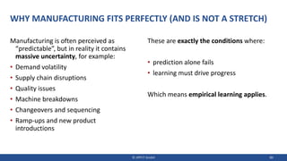 WHY MANUFACTURING FITS PERFECTLY (AND IS NOT A STRETCH)
Manufacturing is often perceived as
“predictable”, but in reality it contains
massive uncertainty, for example:
• Demand volatility
• Supply chain disruptions
• Quality issues
• Machine breakdowns
• Changeovers and sequencing
• Ramp-ups and new product
introductions
These are exactly the conditions where:
• prediction alone fails
• learning must drive progress
Which means empirical learning applies.
© JIPP.IT GmbH 80
 