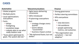 CASES
Automotive
• Global program
• Multiple plants
• Local optimizations
everywhere
• Facts:
• delays
• firefighting
• escalation loops
• nobody able to say what
really matters now
• “Every plant optimized its
goals. The system did not.”
© JIPP.IT GmbH 9
Telecommunications
• Agile teams delivering
increments
• SAFe introduced
• PI plannings everywhere
• But:
• strategy changes every
quarter
• teams deliver
“successfully”
• business impact unclear
• “We delivered faster, but not
better.”
Finance
• Strong governance
• Perfect steering committees
• KPIs everywhere
• But:
• slow decisions
• risk avoidance
• people optimizing
metrics, not outcomes
• “The organization was
compliant — but not
adaptive.”
 