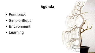 Agenda
Agenda
●
Feedback
●
Simple Steps
●
Environment
●
Learning
 