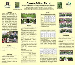 Epsom Salt on Ferns
                                                                                           Practical Research by Alabama Master Gardeners
                                                                                                                C.C. Mitchell, J.R. Kessler, A.S. Harris, and C.B. Pinkston
                                                                                                   Extension Agronomist, Auburn Univ., AL, Extension Horticulturist, Auburn Univ., AL,                                                                                                             East Indian Holly Fern
                                                       True Boston Fern                                                                                                                                                                                                                         Arachnoides simplicior ‘Variegata’
                                           Nephrolepis exaltata ‘Bostoniensis’ (‘Massii’)         Regional Extension Agent, Dadeville, AL, and Regional Extension Agent, Cullman, AL



                     Abstract                                                                                                                                                                                      Results
 Epsom salt (magnesium sulfate) is often used by                                              1             2            3                4           5               6                                                                                                                                          1          2           3          4         5     6
 gardeners as a fertilizer. Because ferns often are grown                                                                                                                      Table 2. Final ratings for Boston and Holly ferns at all sites
 in an acidic potting mix with no other source of Mg,                                                                                                                          (rating scale 0 to 5).*
 Epsom salt could be an important source of Mg in potted                                                                                                                                                           Boston fern                               Holly fern
 fern fertilization. Master Gardeners in Alabama tested                                                                                                                                                   Color       Size       Height       Color           Size         Height                                                    Sharon’s Boston Ferns
                                                                                                                                                                               Treatment**                rating     rating       (in.)       rating         Rating         (in.)
 this theory by growing Boston ferns and East Indian holly
                                                                                                                     Peggy’s Boston Ferns                                      1. Lime + ES            3.4           4.3       13.6c         3.5b            2.8          5.8ab
 ferns from May through October, 2008. They used 3                                                                                                                             2. No lime+ ES          4.0           4.1       15.5ab        3.2b            2.5          5.4b
 different potting mixes with and without Epsom salt. Each                                                                                                                     3. Gypsum+ ES           3.5           3.4       13.7c         3.3b            2.8          5.9ab
 gardener had 6 hanging baskets (3 potting mixes x 2                                                                                                                           4. Lime                 3.8           4.1       16.1ab        4.4a            3.0          6.1a
 Epsom salt rates) containing 3 fern liners in each basket.                                                                                                                    5. No Lime              3.6           4.1       16.5a         3.4b            1.8          5.8ab
 Records were kept monthly as to the color and size rating                                                                                                                     6. Gypsum               3.4           4.0       14.7bc        3.8b            2.8          5.4b
 of ferns. A final rating was made in October when soil                                                                                                                        P>F                     ns            0.08      <0.0001       0.0018          ns           0.0479
                                                                                                                                                                                                                                                                                                                                       Dale’s Holly Ferns
 samples and tissue samples were also taken from                                                      1-3                                                                      *Values followed by the same letter in a column are not significantly different at
                                                                                                                                                    4-6                        P<0.05.
 selected growers at the end of the season. Results                                                                                                                            ** ES=Epsom salt
 indicated no significant effect of the Epsom salt on fern                                                          Roberta’s Boston Ferns                                                                                                                                                                                1-3                                4-6
 size or color.         There were differences in Mg                                                                                                                           Although there were significant treatment differences in
 concentrations in the fern fronds at the end of the season                                                                                                                    frond height of the Boston fern and color and height
 but all concentrations were in the sufficient range. Soil                                                              Methods                                                differences in the Holly fern, Epsom salt apparently had
 and tissue analyses suggest that excessive phosphorus                                                                                               Profile of a              no consistent effect on the ferns.
                                                                                                                             Houston clay
                                                                                   • Thirty Master Gardeners (MGs) in Cullman, Blount, and
 (P), iron (Fe) deficiency and excessive manganese (Mn)                                                                                                                                                                                                                                                                              Kaye’s Boston Ferns
 may have been factors in the lack of response to Epsom                            Tallapoosa Counties in Alabama accepted a challenge to
 salts. This project also provided an opportunity for                              conduct practical, applied research with Epsom salt on
 Master Gardener volunteers to conduct applied research                            ferns.
 that answered a practical question related to their                                                                                                                           Table 3. Mean analysis of the saturated extract from 4 growers at the
                                                                                   • Container garden workshops were held in Cullman and                                       end of the growing season. Values followed by the same letter are
 gardening experience.                                                             Tallapoosa Counties in May, 2008, where MGs mixed                                           not significantly different at P<0.05 level.
                                                                                   potting soils, added lime and Osmocote® 19-6-12                                             Treatment                  pH        Soluble       NO3-N             P               K             Mg
                                                                                                                                                                                                                     Salts
                                                                                   fertilizer (no Mg) and potted liners of young ferns.                                                                             mmhos/cm                                                                                                         Marian’s Boston Ferns
                                                                                                                                                                                                                                 ----------------------mg/L-------------------------
                                                                                   • Each MG received six hanging baskets in which he/she                                      1. Lime + ES          4.8 b          1.22         94           38bc             90           45a
                                                                                   potted 3 ferns per basket in each of six potting soil                                       2. No lime+ ES        4.0 d          1.41         89           55ab             99           37abc

                                                                                   treatments (Table 1).                                                                       3. Gypsum+ ES         4.3 c          1.19         82           42 bc            92           42ab
                                                                                                                                                                               4. Lime               5.2a           1.19         78           36c              103          34bc                                                Conclusions
                                                                                   • Each MG selected either (1) Boston fern or (2) East                                       5. No Lime            3.9 d          1.59         102          60a              117          22d
                                                                                   Indian holly fern (photos above) to grow for six months at                                  6. Gypsum             4.4 c          1.45         96           46abc            108          31c                          •Epsom salt (magnesium sulfate) had no effect on the
                                                                                   their home.                                                                                 P>F                   <0.0001        ns           ns           0.036            ns           0.0005
                                                                                                                                                                                                                                                                                                         color or size of either Boston fern or East Indian holly
                                                                                                                                                                               Desirable range*      na             0.75-3.5 40-199           3-9              60-249       30+
                                                                                   • All baskets were fertilized with a 20-20-20 grade                                                                                                                                                                   ferns when grown for 6 months in a potting mix .
                                                                                                                                                                               *Desirable range for greenhouse crops adapted from Warncke and Krauskopf.
                                                                                   fertilizer (no Mg) dissolved in water (1 teaspoon per                                       1983. Michigan St. Univ. Ext. Bull. E-1736.
                                                                                   gallon) every two weeks.                                                                                                                                                                                              •Boston ferns and East Indian Holly ferns have very
                                                                                                                                                                              Saturated extract of the potting mix from 4 MGs at the                                                                     different growth patterns and may respond differently to
                                                                                   • Appropriate baskets (#1, 2, & 3) also received Epsom                                     end of the season indicate that Mg was within the                                                                          lime and fertilizer.
                                                                                   salt dissolved in water every two weeks (1 teaspoon per                                    desirable range in all except the “No Lime” treatment (#5).
                                                                                   gallon).                                                                                   Phosphorus concentration was extremely high in all                                                                         •Saturated extract of soils and tissue analysis from one
                                                                                                                                                                              samples.      Treatment differences were found in                                                                          site indicate possible problems from (1) excessive P, (2)
                                                                                   • Monthly, each MGs rated their own ferns on a scale of
                                                                                                                                                                              extractable Mn and Zn but not with the other                                                                               iron deficiency and (3) manganese toxicity, but certainly
                                                                                   0 (worst) to 5 (best) based on color of fronds and overall
                                                                                                                                                                              micronutrients (data not shown).                                                                                           not magnesium deficiency.
                                                                                   growth (size) of plants.
                   Situation                                                       • In October, a team of MGs visited each gardener for a                                                                                                                                                               •MGs gained experience conducting practical, applied
•Epsom salt (magnesium sulfate) is sold and used by                                final, impartial rating of the ferns (only the final ratings are                                                                                                                                                      research and had a good time doing it and sharing it with
gardeners for many plants, especially potted ferns.                                shown).                                                                                                                                                                                                               gardening friends.
                                                                                                                                                                           Table 4. Tissue analysis of Boston fern fronds from one of the tests.
•Epsom salt is a good source of both Mg and S for plants.                          • Soil samples and tissue samples were collected from                                   Treatment             N           P           K     Ca          Mg           B          Cu      Fe      Mn    Zn
                                                                                   selected growers.                                                                                          -------------------------%-------------------------    -------------------ppm------------------
•Most gardeners have no idea why they use it or even if                                                                                                                    1. Lime + ES*        2.86      0.70       1.98      0.89        0.89         53         22      4       213   55
they need it.                                                                      • Each grower was treated as a replicate.                                               2. No lime+ ES       3.16      0.83       2.15      0.81        0.91         43         28      11      219   78
                                                                                                                                                                                                                                                                                                                     1          2           3          4      5    6
                                                                                                                                                                           3. Gypsum+ ES        3.20      0.81       2.08      1.09        0.98         55         30      40      334   74
                                                                                                                                                                           4. Lime              2.97      0.73       2.16      1.16        0.69         58         19      15      287   59
                                                                                    Table 1. Potting soil treatments used in the study.                                    5. No Lime           3.19      0.78       2.19      1.07        0.66         47         19      23      321   77
                                                                                                                                    Initial soil   Treatments added by     6. Gypsum            3.33      0.75       2.16      1.05        0.63         44         30      45      271   80
                                                                                                                                   treatments        MGs every 2 wks       Optimum              2.5-      0.25-      1.6-      0.8-       0.25-      20-                  50-      40-   20-                                            Cindy’s Boston
                   Objectives                                                        Treat.
                                                                                      no.             Description
                                                                                                                              Ag.
                                                                                                                             Lime
                                                                                                                                           Ag.
                                                                                                                                         Gypsum
                                                                                                                                                   Epsom
                                                                                                                                                    Salt
                                                                                                                                                                NPK
                                                                                                                                                              fertilizer
                                                                                                                                                                           range**              3.0        0.7       3.8       2.5         1.0       70        6 - 50     300      200   200
                                                                                                                                                                                                                                                                                                                                            Ferns
                                                                                                                                                                           * ES=Epsom salt
1) Determine if growth and color of ferns in containers                                1      Lime + Epsom Salt                +              0       +           +        **Optimum range from J.R. Kessler, Jr. 2004. Greenhouse production of Boston ferns.
                                                                                                                                                                           Alabama Coop. Ext. Syst. Cir. ANR-1095.
are influenced by the addition of Epsom salts.                                         2      No lime + Epsom Salt             0              0       +           +
                                                                                       3      Gypsum + Epsom Salt              0              +       +           +        Tissue analyses were run on only one set of treatments but
2) Determine the effect of added dolomitic limestone and                               4      Lime; No Mg                      +              0       0           +        results indicate some problems. Phosphorus concentrations
gypsum (calcium sulfate) on the growth and color of ferns                              5      No lime; No Mg                   0              0       0           +        were above the optimum range, and excessive P could induce
in containers.                                                                         6      Gypsum; No Mg                    0              +       0           +
                                                                                                                                                                           iron deficiencies. Iron (Fe) concentrations were very low
                                                                                                                                                                           indicating a possible Fe deficiency, and Mn concentrations                                                                                                   Darrell’s Boston
                                                                                    Ag. lime was a finely ground, dolomitic limestone with 10% Mg applied at a rate of                                                                                                                                                                       Ferns
3) Involve Master Gardener volunteers in replicated,                                5 lb/yd3. Gypsum was a powdered, agricultural gypsum applied at 5 lb/yd3. NPK          were extremely high. Potentially toxic Mn concentrations are
                                                                                    fertilizer was a slow-release Osmocote® 19-6-12 applied at 14 lb./yd3 to potting mix
applied research in a subject that is relevant to their                             (4 parts pine bark: 1 part peat). Every two weeks during growing season, an all
                                                                                                                                                                           difficult to explain in this organic potting mix. Magnesium
gardening experience.                                                               purpose 20-20-20 (without Mg) was applied every two weeks dissolved in water (1        deficiency was not an issue in these potting mixes.
                                                                                    teaspoon per gallon).
 