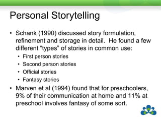 AAC and StorytellingStorytelling with AAC systems has become practical and possible with improved technology.However, we must be careful that the stories are ones which the person would choose to tell.Storytelling is very personal and must be individualised.