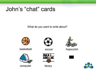 John’s storytellingMany of John’s old chat cards are in a milk crate in his room.John began spontaneously using them with new people a couple of years ago.He selects a few cards and then brings them to the new person. They read them with him and if they show particular interest in one topic e.g. playing basketball he will go and get more things around this topic.He brings out fewer chat cards as people become more familiar with him and understand more of his speech.