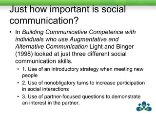 Use of an introductory strategy when meeting new peopleTeaching a 35 year old with a closed head injury to use an introductory strategy to explain his use of AAC and his communication resulted in much more positive interactions with unfamiliar people, with fewer breakdowns and made the new partners more at ease.Teaching a 44 year old with cerebral palsy to use an introductory strategy allowed her to be more confident and assertive with new people.  Twenty adults with no previous experience of AAC viewed tapes of Maureen meeting new people pre and post.  100% of them reported she was a more competent communicator when she used an introductory strategy.