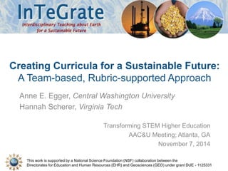 This work is supported by a National Science Foundation (NSF) collaboration between the
Directorates for Education and Human Resources (EHR) and Geosciences (GEO) under grant DUE - 1125331
Creating Curricula for a Sustainable Future:
A Team-based, Rubric-supported Approach
Anne E. Egger, Central Washington University
Hannah Scherer, Virginia Tech
Transforming STEM Higher Education
AAC&U Meeting; Atlanta, GA
November 7, 2014
 