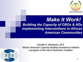 Make It Work!
Building the Capacity of CBOs & HDs
Implementing Interventions in African
              American Communities


               Camille A. Abrahams, M.S.
African American Capacity Building Assistance Initiative
       a program of the Harm Reduction Coalition


                                                     1
 
