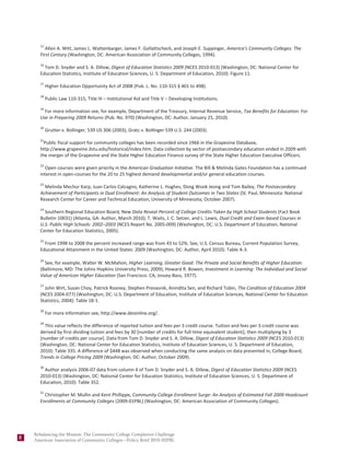 Rebalancing the Mission—15


      15
         Allen A. Witt, James L. Wattenbarger, James F. Gollattscheck, and Joseph E. Suppinger, America’s Community Colleges: The
      First Century (Washington, DC: American Association of Community Colleges, 1994).
      16
        Tom D. Snyder and S. A. Dillow, Digest of Education Statistics 2009 (NCES 2010-013) (Washington, DC: National Center for
      Education Statistics, Institute of Education Sciences, U. S. Department of Education, 2010): Figure 11.
      17
           Higher Education Opportunity Act of 2008 (Pub. L. No. 110-315 § 401 to 498).
      18
           Public Law 110-315, Title III – Institutional Aid and Title V – Developing Institutions.
      19
        For more information see, for example, Department of the Treasury, Internal Revenue Service, Tax Benefits for Education: For
      Use in Preparing 2009 Returns (Pub. No. 970) (Washington, DC: Author, January 25, 2010).
      20
           Grutter v. Bollinger, 539 US 306 (2003); Gratz v. Bollinger 539 U.S. 244 (2003).
      21
        Public fiscal support for community colleges has been recorded since 1966 in the Grapevine Database,
      http://www.grapevine.ilstu.edu/historical/index.htm. Data collection by sector of postsecondary education ended in 2009 with
      the merger of the Grapevine and the State Higher Education Finance survey of the State Higher Education Executive Officers.
      22
        Open courses were given priority in the American Graduation Initiative. The Bill & Melinda Gates Foundation has a continued
      interest in open-courses for the 20 to 25 highest demand developmental and/or general education courses.
      23
        Melinda Mechur Karp, Juan Carlos Calcagno, Katherine L. Hughes, Dong Wook Jeong and Tom Bailey, The Postsecondary
      Achievement of Participants in Dual Enrollment: An Analysis of Student Outcomes in Two States (St. Paul, Minnesota: National
      Research Center for Career and Technical Education, University of Minnesota, October 2007).
      24
        Southern Regional Education Board, New Data Reveal Percent of College Credits Taken by High School Students (Fact Book
      Bulletin 10E01) (Atlanta, GA: Author, March 2010); T. Waits, J. C. Setzer, and L. Lewis, Dual Credit and Exam-based Courses in
      U.S. Public High Schools: 2002–2003 (NCES Report No. 2005-009) (Washington, DC: U.S. Department of Education, National
      Center for Education Statistics, 2005).
      25
        From 1998 to 2008 the percent increased range was from 43 to 52%. See, U.S. Census Bureau, Current Population Survey,
      Educational Attainment in the United States: 2009 (Washington, DC: Author, April 2010): Table A-3.

      26
        See, for example, Walter W. McMahon, Higher Learning, Greater Good: The Private and Social Benefits of Higher Education
      (Baltimore, MD: The Johns Hopkins University Press, 2009); Howard R. Bowen, Investment in Learning: The Individual and Social
      Value of American Higher Education (San Francisco: CA, Jossey-Bass, 1977).
      27
        John Wirt, Susan Choy, Patrick Rooney, Stephen Prevasnik, Anindita Sen, and Richard Tobin, The Condition of Education 2004
      (NCES 2004-077) (Washington, DC: U.S. Department of Education, Institute of Education Sciences, National Center for Education
      Statistics, 2004): Table 18-1.
      28
           For more information see, http://www.deionline.org/.
      29
        This value reflects the difference of reported tuition and fees per 3 credit course. Tuition and fees per 3 credit course was
      derived by first dividing tuition and fees by 30 [number of credits for full-time equivalent student], then multiplying by 3
      [number of credits per course]. Data from Tom D. Snyder and S. A. Dillow, Digest of Education Statistics 2009 (NCES 2010-013)
      (Washington, DC: National Center for Education Statistics, Institute of Education Sciences, U. S. Department of Education,
      2010): Table 335. A difference of $448 was observed when conducting the same analysis on data presented in, College Board,
      Trends in College Pricing 2009 (Washington, DC: Author, October 2009).
      30
        Author analysis 2006-07 data from column 4 of Tom D. Snyder and S. A. Dillow, Digest of Education Statistics 2009 (NCES
      2010-013) (Washington, DC: National Center for Education Statistics, Institute of Education Sciences, U. S. Department of
      Education, 2010): Table 352.
      31
        Christopher M. Mullin and Kent Phillippe, Community College Enrollment Surge: An Analysis of Estimated Fall 2009 Headcount
      Enrollments at Community Colleges (2009-01PBL) (Washington, DC: American Association of Community Colleges).




    Rebalancing the Mission: The Community College Completion Challenge
8   American Association of Community Colleges—Policy Brief 2010–02PBL
 