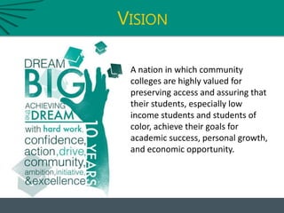 VISION
A nation in which community
colleges are highly valued for
preserving access and assuring that
their students, especially low
income students and students of
color, achieve their goals for
academic success, personal growth,
and economic opportunity.
 