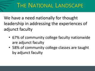 THE NATIONAL LANDSCAPE
We have a need nationally for thought
leadership in addressing the experiences of
adjunct faculty
• 67% of community college faculty nationwide
are adjunct faculty
• 58% of community college classes are taught
by adjunct faculty
 