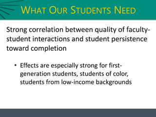 WHAT OUR STUDENTS NEED
Strong correlation between quality of faculty-
student interactions and student persistence
toward completion
• Effects are especially strong for first-
generation students, students of color,
students from low-income backgrounds
 