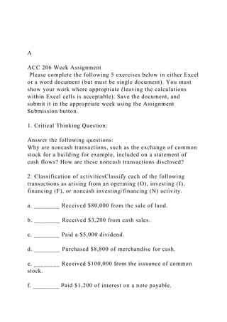 A
ACC 206 Week Assignment
Please complete the following 5 exercises below in either Excel
or a word document (but must be single document). You must
show your work where appropriate (leaving the calculations
within Excel cells is acceptable). Save the document, and
submit it in the appropriate week using the Assignment
Submission button.
1. Critical Thinking Question:
Answer the following questions:
Why are noncash transactions, such as the exchange of common
stock for a building for example, included on a statement of
cash flows? How are these noncash transactions disclosed?
2. Classification of activitiesClassify each of the following
transactions as arising from an operating (O), investing (I),
financing (F), or noncash investing/financing (N) activity.
a. ________ Received $80,000 from the sale of land.
b. ________ Received $3,200 from cash sales.
c. ________ Paid a $5,000 dividend.
d. ________ Purchased $8,800 of merchandise for cash.
e. ________ Received $100,000 from the issuance of common
stock.
f. ________ Paid $1,200 of interest on a note payable.
 