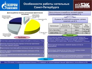 Особенности работы котельных
Санкт-Петербурга
Доля котельных в выработке тепловой энергии
(«котельнизация») составляет порядка 47 %

Доля выработки теплоты источниками (фактическое
состояние)
Северо-Западная

Котельные тепловой
мощностью менее 50
Гкал/ч - 23,2%

ТЭЦ и Приморская
котельная - 1,7%
Промышленные ТЭЦ
- 6%

В рамках ЭС-2035 доля котельных должна
снизиться до 42 %
Организация

ТЭЦ ОАО "ТГК-1" 45,3%

Установленная
мощность,
Гкал/ч

ГУП «ТЭК СПб»
Котельные тепловой
мощностью более 50
Гкал/ч - 23,8%

Количество
котельных, шт.
278

8680,2

ООО «ПТЭ»

287

2321

Вид
топлива
Газ, мазут,
уголь, ДТ
Газ

Решения
Обоснованный перевод ряда котельных в пиковый режим при
совместной работе с ТЭЦ, вывод из эксплуатации неэффективных
котельных, переключение на ТЭЦ части нагрузки котельных с
консервацией или демонтажем излишнего оборудования котельных

Проблемы

Отсутствие широкой практики совместной работы котельных и ТЭЦ.
Наличие значительной доли паровых котлов при практически
отсутствии паровой нагрузки.

Реконструкция котельных с заменой паровых котлов на
водогрейные.

Практическое отсутствие работы котельных на одну тепловую сеть.
Организация перемычек на тепловых сетях между зонами
теплоснабжения от нескольких котельных.

Наличие, наряду с высокоэффективными, котельных с К.П.Д.
котлов 60-80%.
Отсутствие единой диспетчерской службы охватывающей все
котельные.

Реконструкция котельных с использованием современных котлов с
К.П.Д. выше 92%, и с максимальной диспетчеризацией.

Опыт
Опыт СПб показал, что коренная модернизация котельных с ТС и переводом их на диспетчеризацию повышает эффективность теплоснабжения на 30%

 