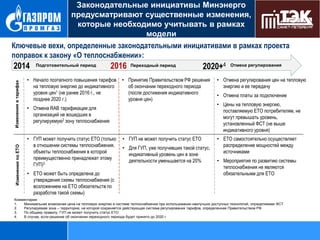 Законодательные инициативы Минэнерго
предусматривают существенные изменения,
которые необходимо учитывать в рамках
модели
Ключевые вехи, определенные законодательными инициативами в рамках проекта
поправок к закону «О теплоснабжении»:

Изменения по ЕТО

Изменения в тарифах

2014

Подготовительный период

2016

• Начало поэтапного повышения тарифов
на тепловую энергию до индикативного
уровня цен1 (не ранее 2016 г., не
позднее 2020 г.)

Переходный период

2020+4

• Принятие Правительством РФ решения
об окончании переходного периода
(после достижения индикативного
уровня цен)

• Отмена регулирования цен на тепловую
энергию и ее передачу

• ГУП не может получить статус ЕТО

• ЕТО самостоятельно осуществляет
распределение мощностей между
источниками

• Отмена RAB тарификации для
организаций не вошедших в
регулируемую2 зону теплоснабжения
• ГУП может получить статус ЕТО (только
в отношении системы теплоснабжения,
объекты теплоснабжения в которой
преимущественно принадлежат этому
ГУП)3
• ЕТО может быть определена до
утверждения схемы теплоснабжения (с
возложением на ЕТО обязательств по
разработке такой схемы)

Отмена регулирования

• Для ГУП, уже получивших такой статус,
индикативный уровень цен в зоне
деятельности уменьшается на 20%

• Отмена платы за подключение
• Цены на тепловую энергию,
поставляемую ЕТО потребителям, не
могут превышать уровень,
установленный ФСТ (не выше
индикативного уровня)

• Мероприятия по развитию системы
теплоснабжения не являются
обязательными для ЕТО

Комментарии:
1.
Минимальная возможная цена на тепловую энергию в системе теплоснабжения при использовании наилучших доступных технологий, определяемая ФСТ
2.
Регулируемая зона – территория, на которой сохраняется действующая система регулирования тарифов, определенная Правительством РФ
3.
По общему правилу, ГУП не может получить статус ЕТО
4.
В случае, если решение об окончании переходного периода будет принято до 2020 г.

 