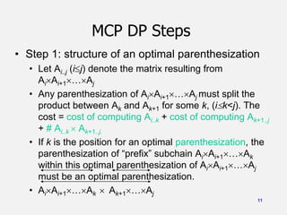 11
MCP DP Steps
• Step 1: structure of an optimal parenthesization
• Let Ai..j (ij) denote the matrix resulting from
AiAi+1…Aj
• Any parenthesization of AiAi+1…Aj must split the
product between Ak and Ak+1 for some k, (ik<j). The
cost = cost of computing Ai..k + cost of computing Ak+1..j
+ # Ai..k  Ak+1..j.
• If k is the position for an optimal parenthesization, the
parenthesization of “prefix” subchain AiAi+1…Ak
within this optimal parenthesization of AiAi+1…Aj
must be an optimal parenthesization.
• AiAi+1…Ak  Ak+1…Aj
 