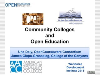 Community Colleges
              and
         Open Education
   Una Daly, OpenCourseware Consortium
James Glapa-Grossklag, College of the Canyons

                                  Workforce
                                Development
                                Institute 2013
 