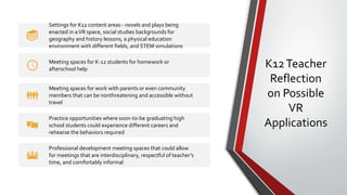 K12Teacher
Reflection
on Possible
VR
Applications
Settings for K12 content areas - novels and plays being
enacted in aVR s...