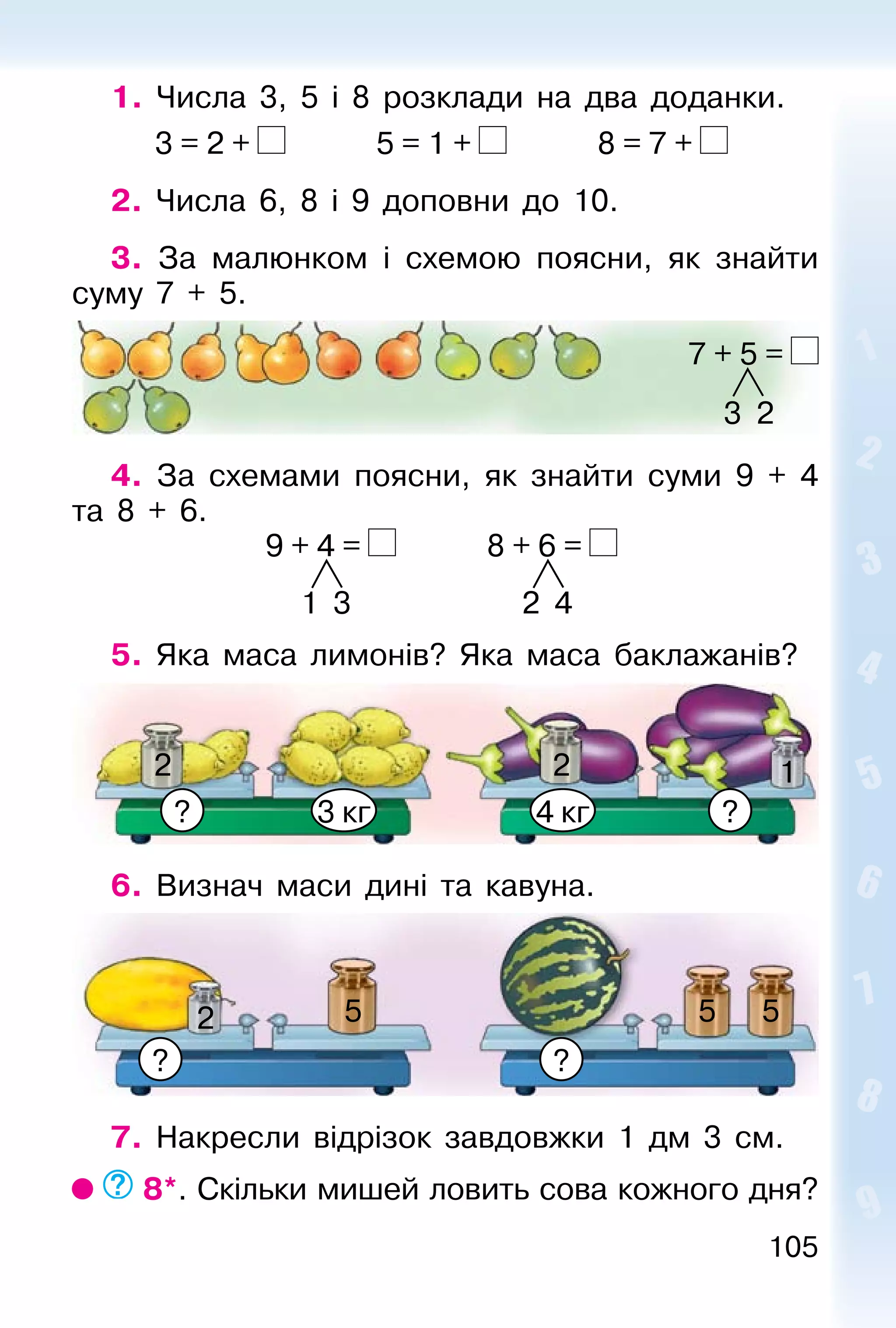 105
1. Числа 3, 5 і 8 розклади на два доданки.
3 = 2 + 5 = 1 + 8 = 7 +
2. Числа 6, 8 і 9 доповни до 10.
3. За малюнком і схемою поясни, як знайти
суму 7 + 5.
4. За схемами поясни, як знайти суми 9 + 4
та 8 + 6.
9 + 4 = 8 + 6 =
1 3 2 4
5. Яка маса лимонів? Яка маса баклажанів?
2 2 1
? ?3 кг 4 кг
6. Визнач маси дині та кавуна.
5 552
7. Накресли відрізок завдовжки 1 дм 3 см.
8*. Скільки мишей ловить сова кожного дня?
7 + 5 =
3 2
? ?
 