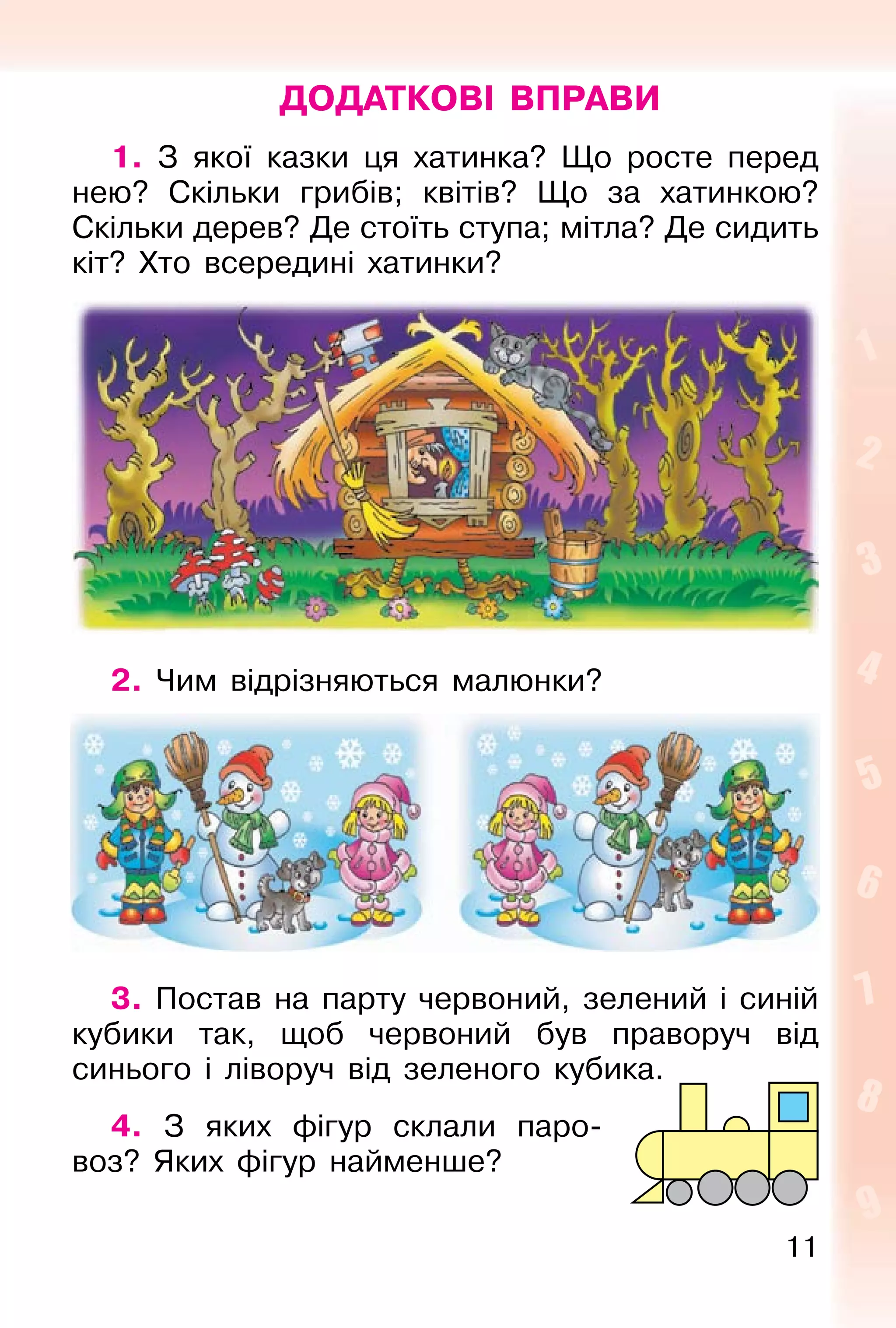 11
ДОДАТКОВІ ВПРАВИ
1. З якої казки ця хатинка? Що росте перед
нею? Скільки грибів; квітів? Що за хатинкою?
Скільки дерев? Де стоїть ступа; мітла? Де сидить
кіт? Хто всередині хатинки?
2. Чим відрізняються малюнки?
3. Постав на парту червоний, зелений і синій
кубики так, щоб червоний був праворуч від
синього і ліворуч від зеленого кубика.
4. З яких фігур склали паро-
воз? Яких фігур найменше?
 